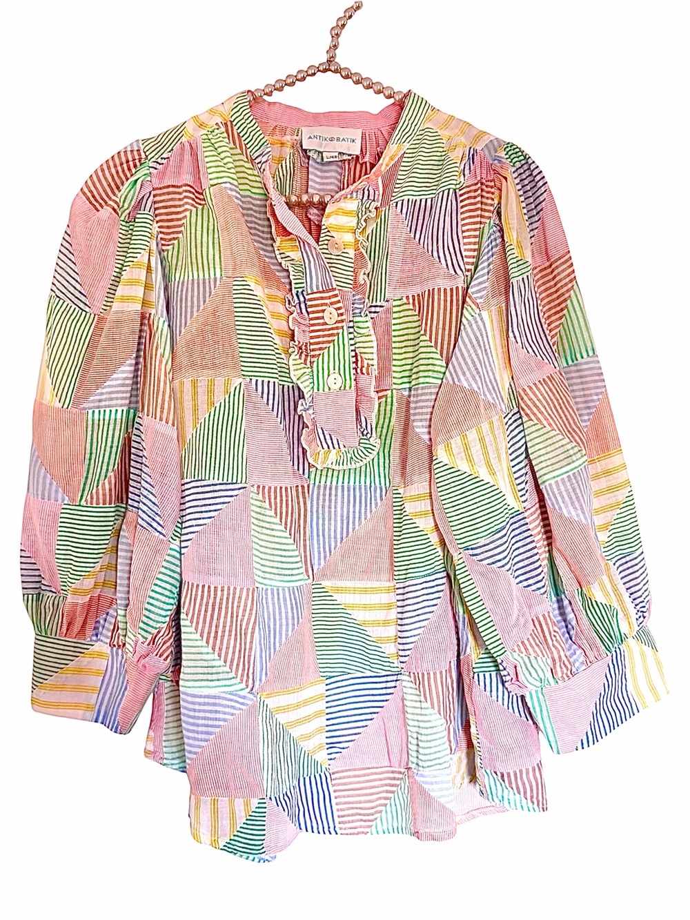 Anthropologie Antik Batik Caroline Pastel Striped Patchwork Button Shirt Large